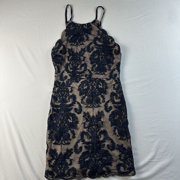 Lace Bodycon Dress Women’s Small 4 Low Back Mini Halter High Neck Blue Scallop - Picture 2 of 5
